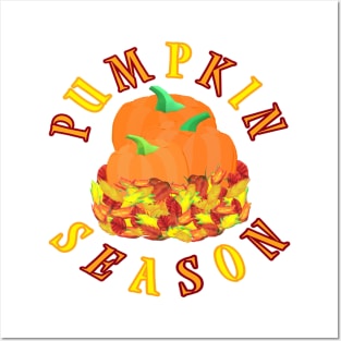 Pumpkin Season. Fall Leaves and Pumpkins. (White Background) Posters and Art